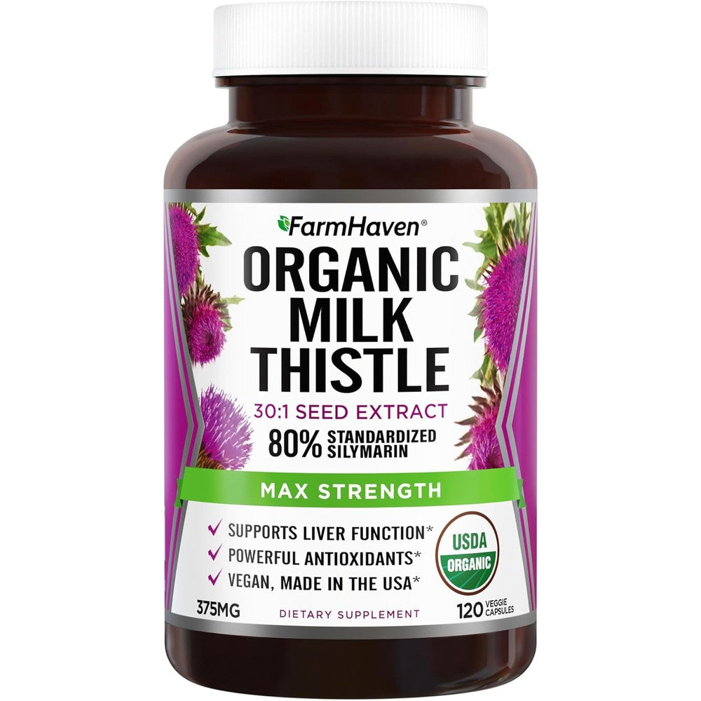 FarmHaven USDA Organic Milk Thistle 120 veggie capsules front bottle view for liver health support.
