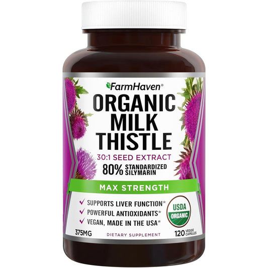 FarmHaven USDA Organic Milk Thistle 120 veggie capsules front bottle view for liver health support.