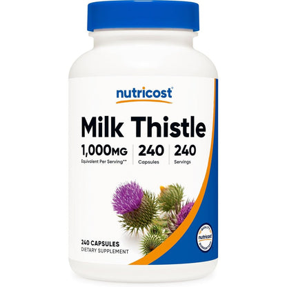 Nutricost Milk Thistle Extract 240 vegan capsules front bottle view for liver detoxification