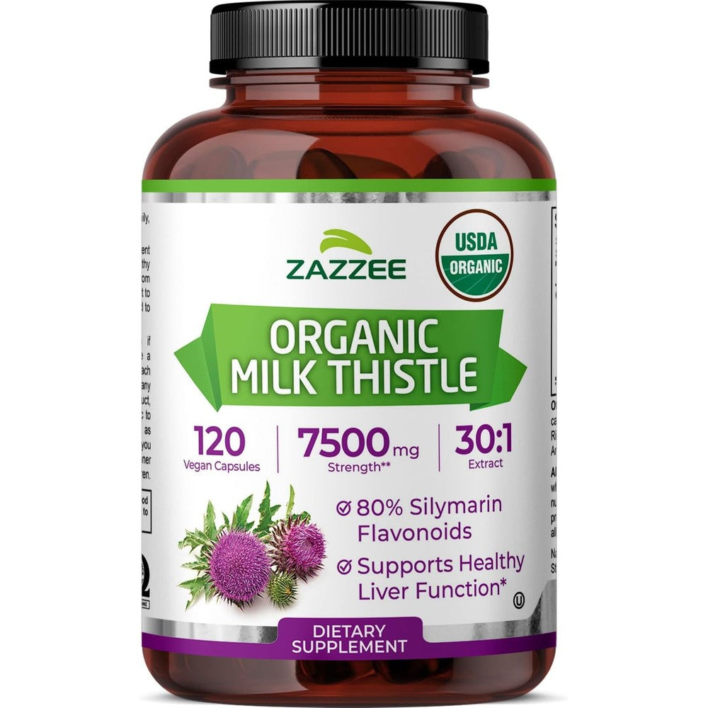 Zazzee USDA Organic Milk Thistle 120 vegan capsules bottle front view