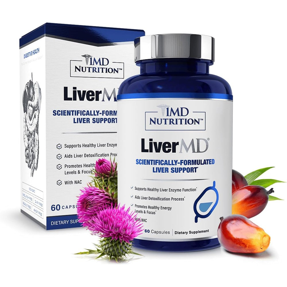 1MD Nutrition LiverMD front view showing supplement bottle for liver wellness.