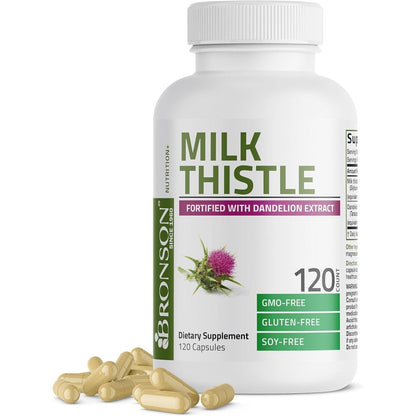 Bronson Milk Thistle Silymarin and Dandelion Extract 120 capsules front view bottle showing liver support formulation.