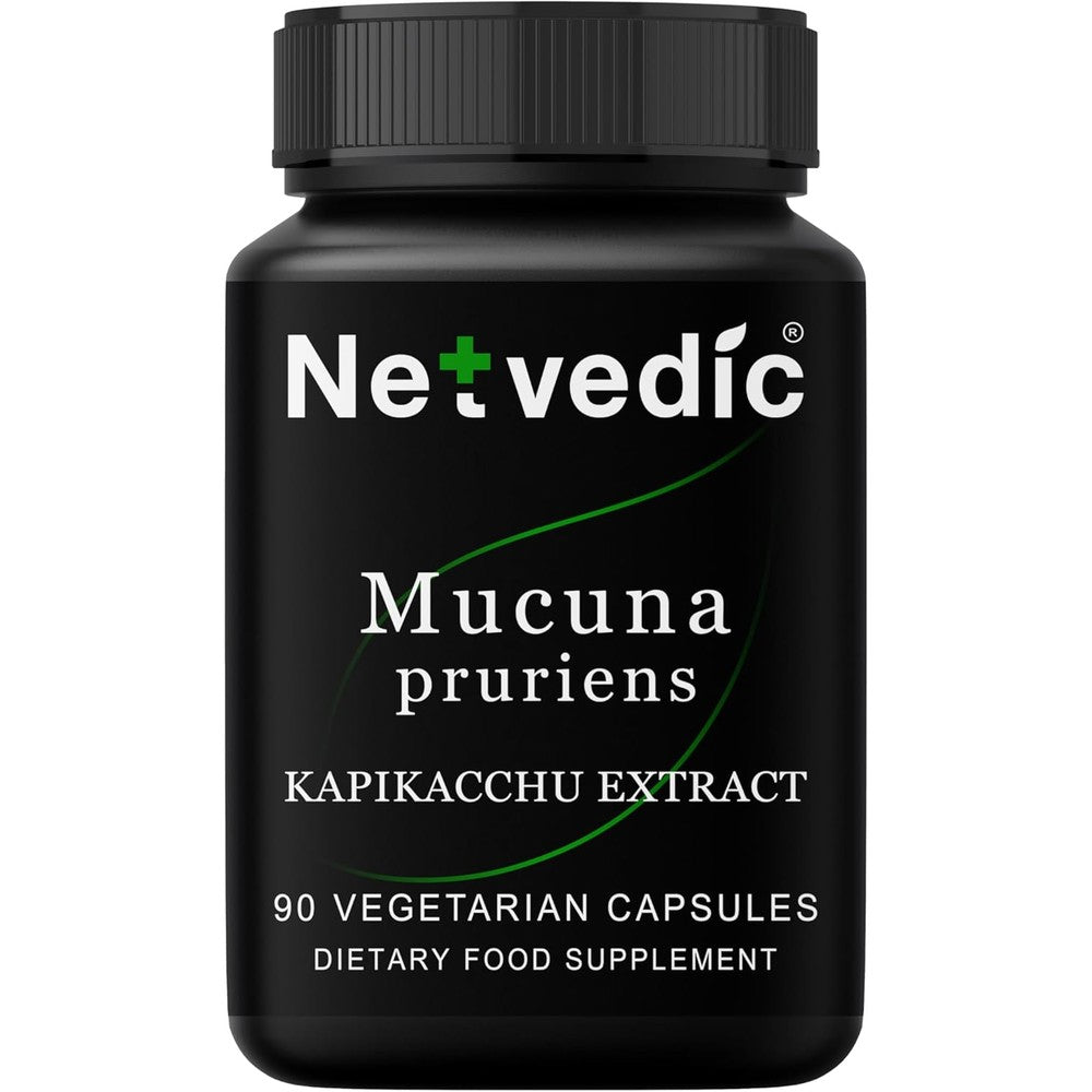 Netvedic Pruriens Ayurvedic Extract 400mg front view black bottle for natural stress relief