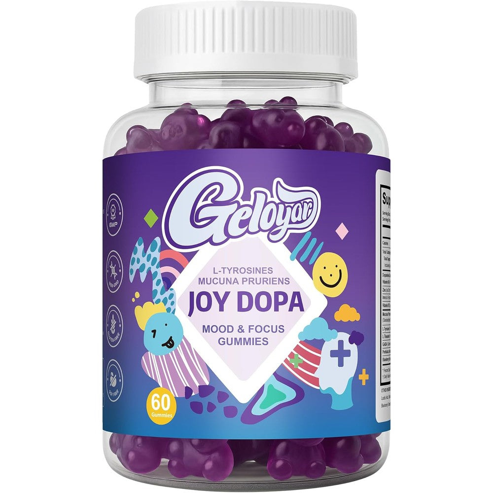 Geloyar Joy Dopamine Focus and Energy Gummies front view bottle for natural focus support.