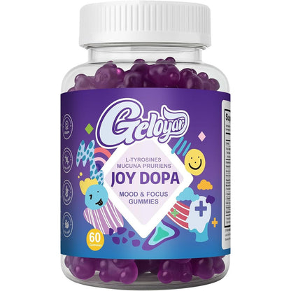 Geloyar Joy Dopamine Focus and Energy Gummies front view bottle for natural focus support.