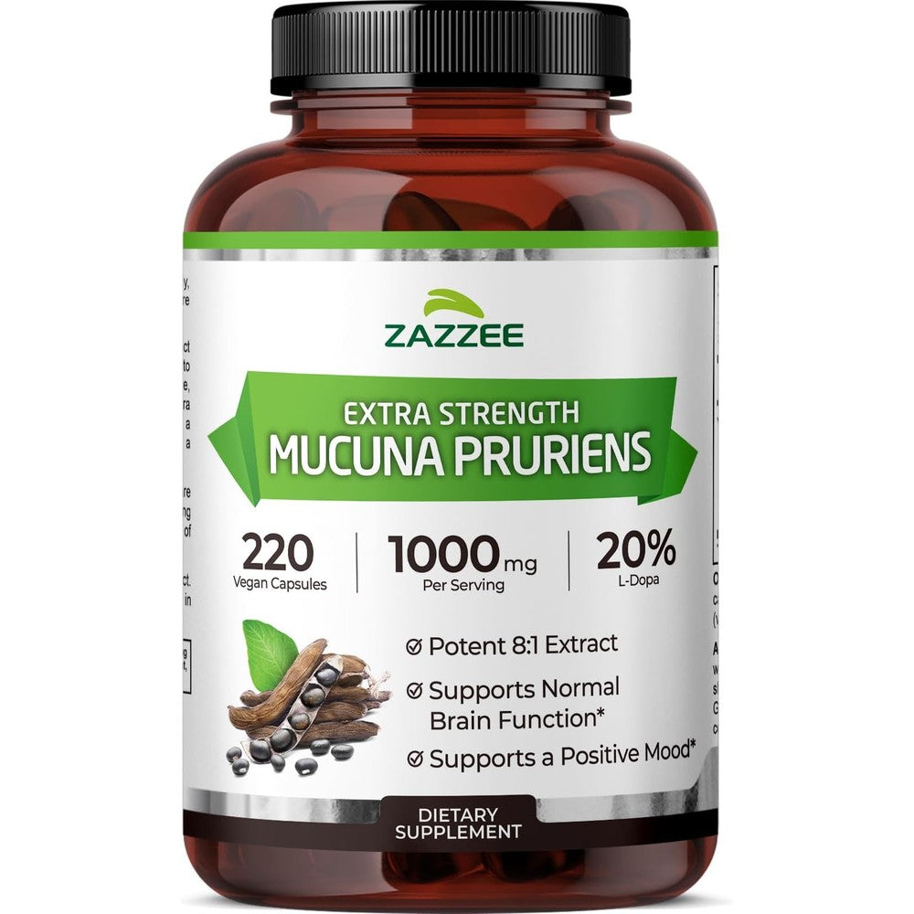Zazzee Extra Strength Mucuna Pruriens bottle front view showing 1000 mg dosage information