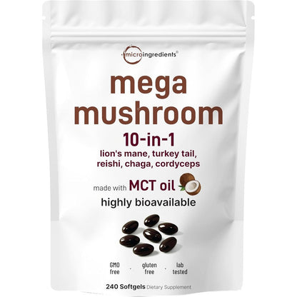 Micro Ingredients Mega Mushroom 10 in 1 Complex 240 Softgels pouch front view showing organic immune support supplement.