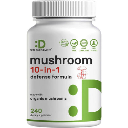 Deal Supplement Organic 10 in 1 Mushroom Complex 240 capsules front bottle view for immune support