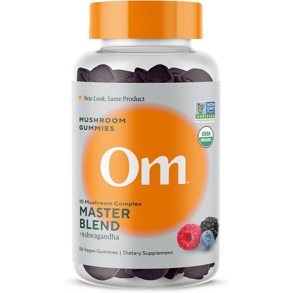 Om Mushroom Superfood Master Blend Organic 10 Mushroom Gummies front bottle view for immune support