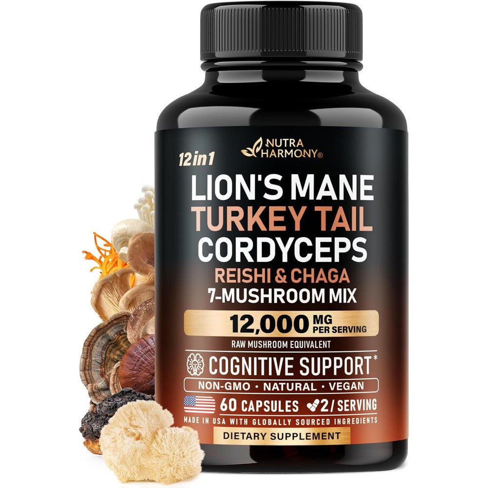 Nutraharmony Organic 12 in 1 Mushroom Complex bottle front view for cognitive support.