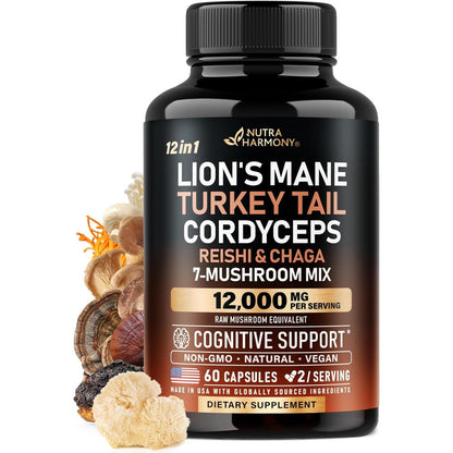 Nutraharmony Organic 12 in 1 Mushroom Complex bottle front view for cognitive support.