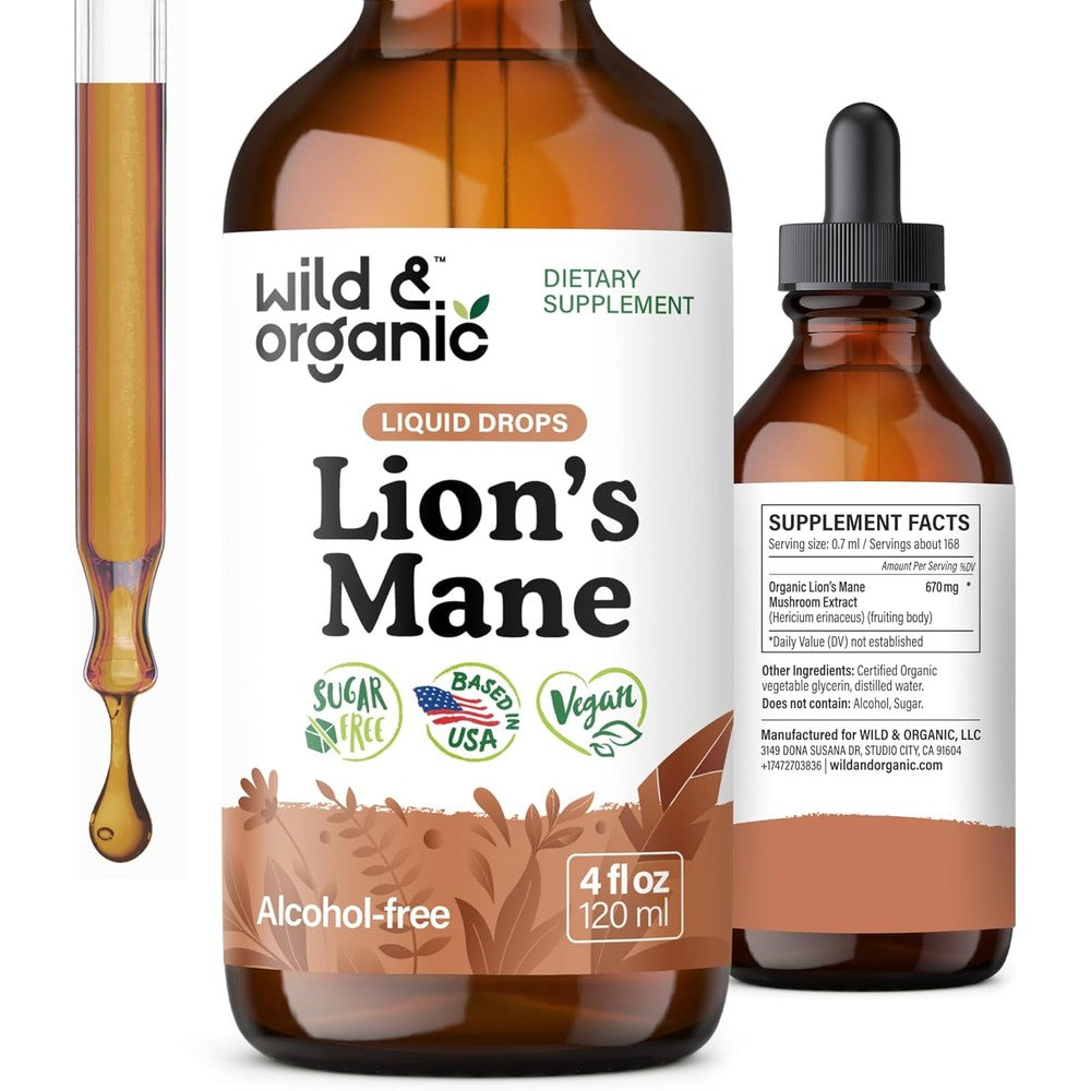 Wild And Organic Lions Mane Mushroom Liquid Extract front view 120ml bottle for cognitive health