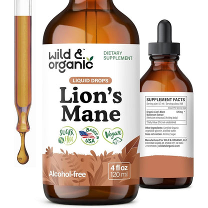 Wild And Organic Lions Mane Mushroom Liquid Extract front view 120ml bottle for cognitive health