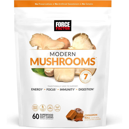 Force Factor Modern Mushrooms Focus and Energy soft chews front packaging view.