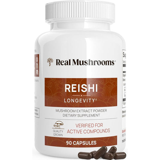 Real Mushrooms Organic Red Reishi Extract front view vegan capsules for immune support