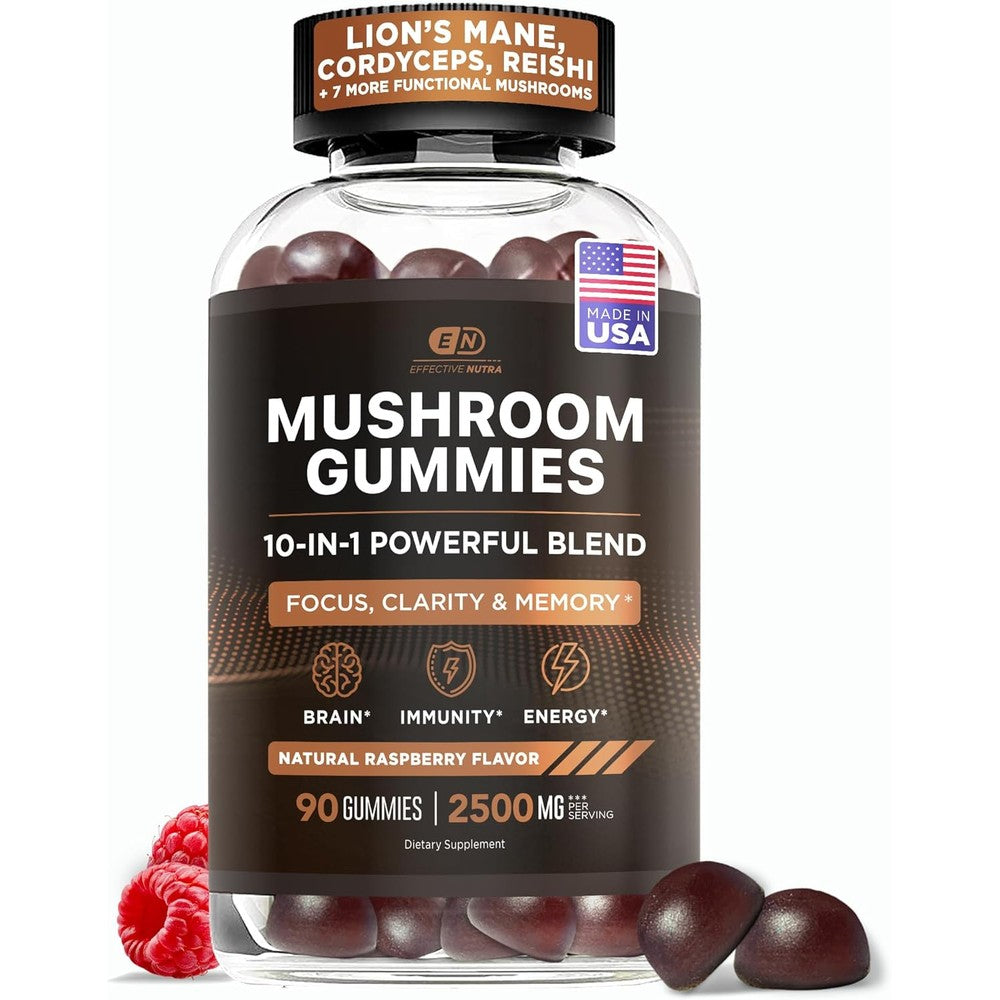 Effective Nutra 10 in 1 Mushroom Focus Gummies front bottle view for cognitive support.