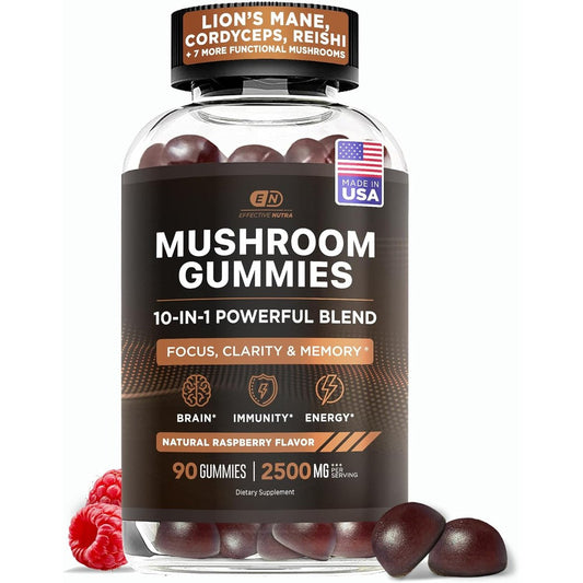 Effective Nutra 10 in 1 Mushroom Focus Gummies front bottle view for cognitive support.
