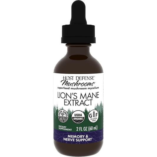 Host Defense Lion's Mane Extract 60 ml bottle front view for premium cognitive support