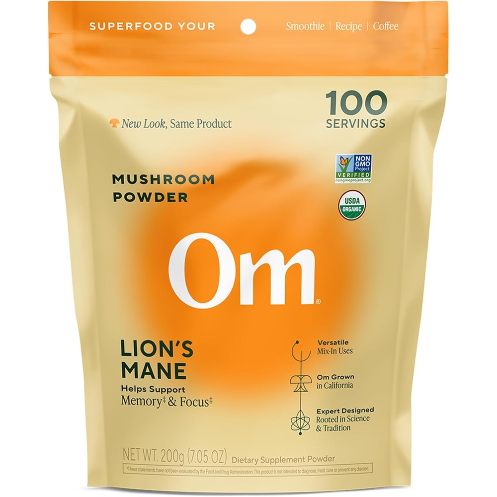 Om Mushroom Superfood Organic Lion's Mane Mushroom Powder front view premium nootropic supplement