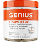 The Genius Brand Genius Lions Mane 120 veggie capsules front bottle view for daily focus support