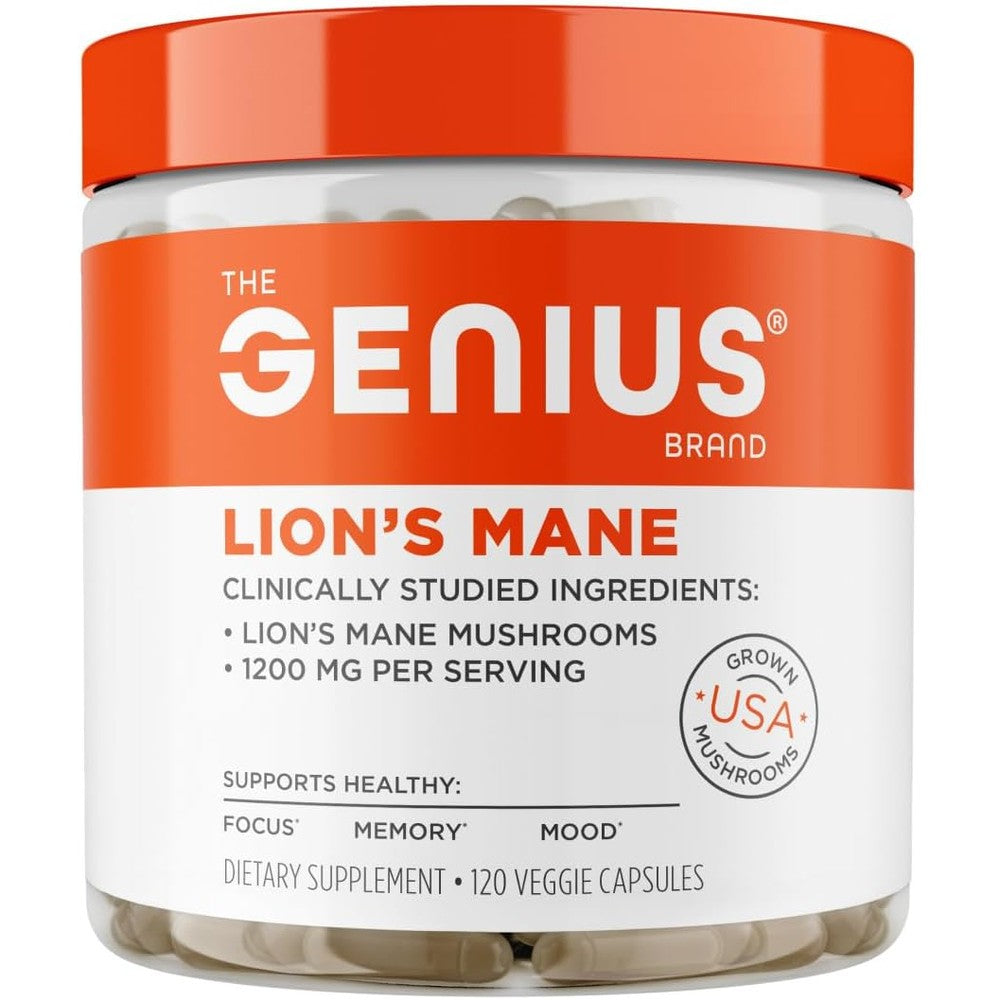 The Genius Brand Genius Lions Mane 120 veggie capsules front bottle view for daily focus support