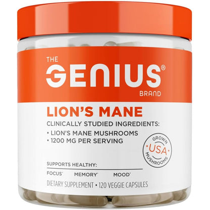 The Genius Brand Genius Lions Mane 120 veggie capsules front bottle view for daily focus support