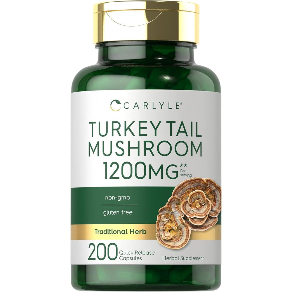 Carlyle Turkey Tail Mushroom Wellness Extract 200 Capsules front view bottle showcasing immune support benefits