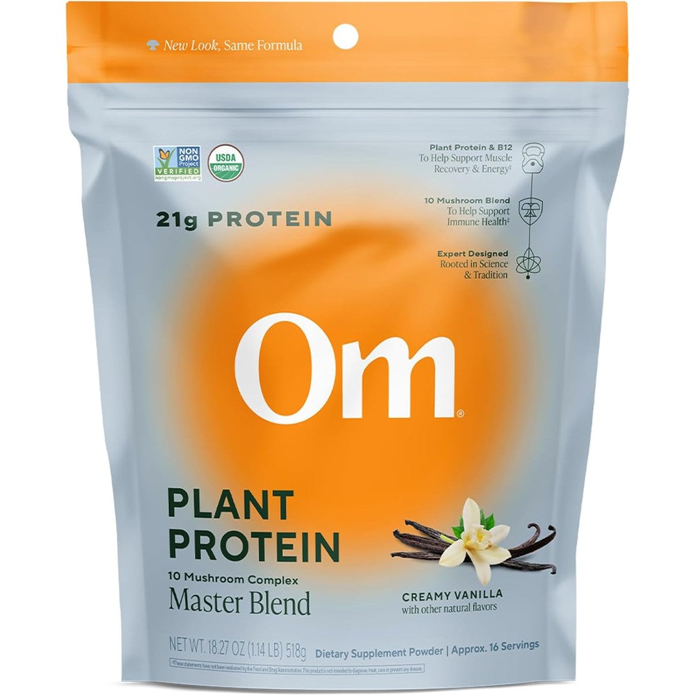 Om Mushroom Superfood Master Blend Vanilla Plant Protein Powder front packaging view.