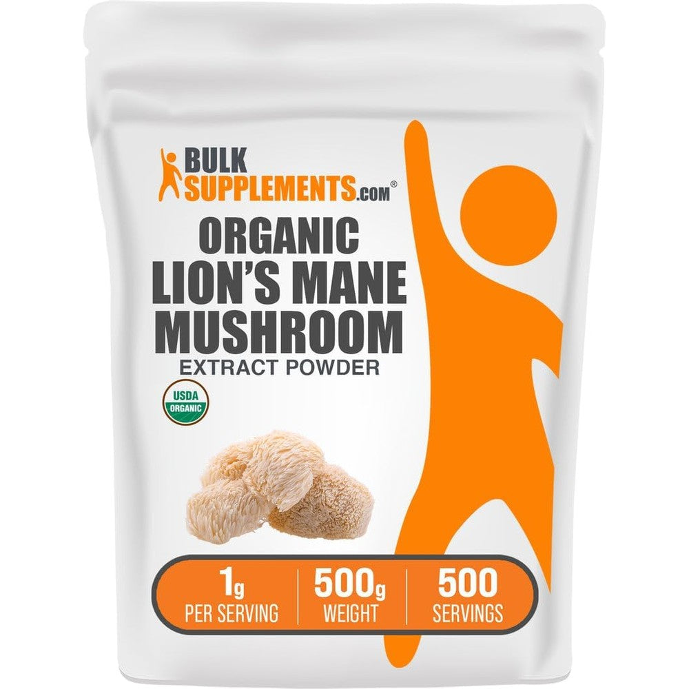 BulkSupplements Organic Lions Mane Extract Powder 500 Grams front view packaging for cognitive health