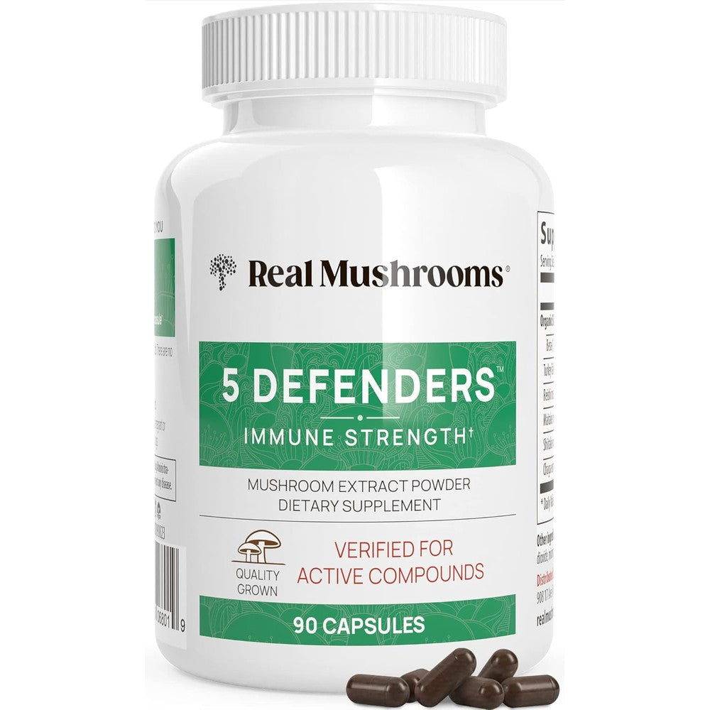 Real Mushrooms 5 Defenders Organic Mushroom Blend 90 Capsules front view for immune defense