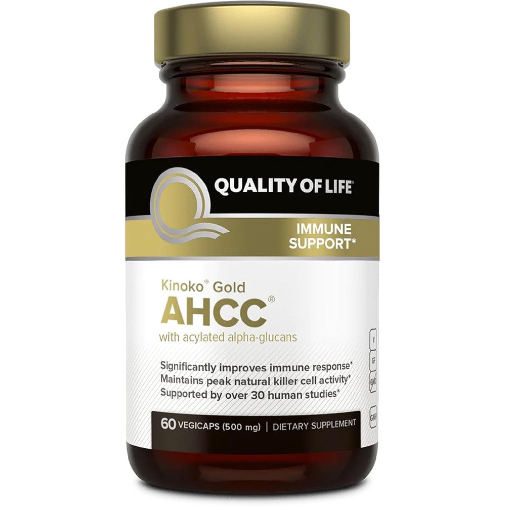Quality of Life Kinoko Gold AHCC five hundred milligrams front view capsule bottle for immune support.