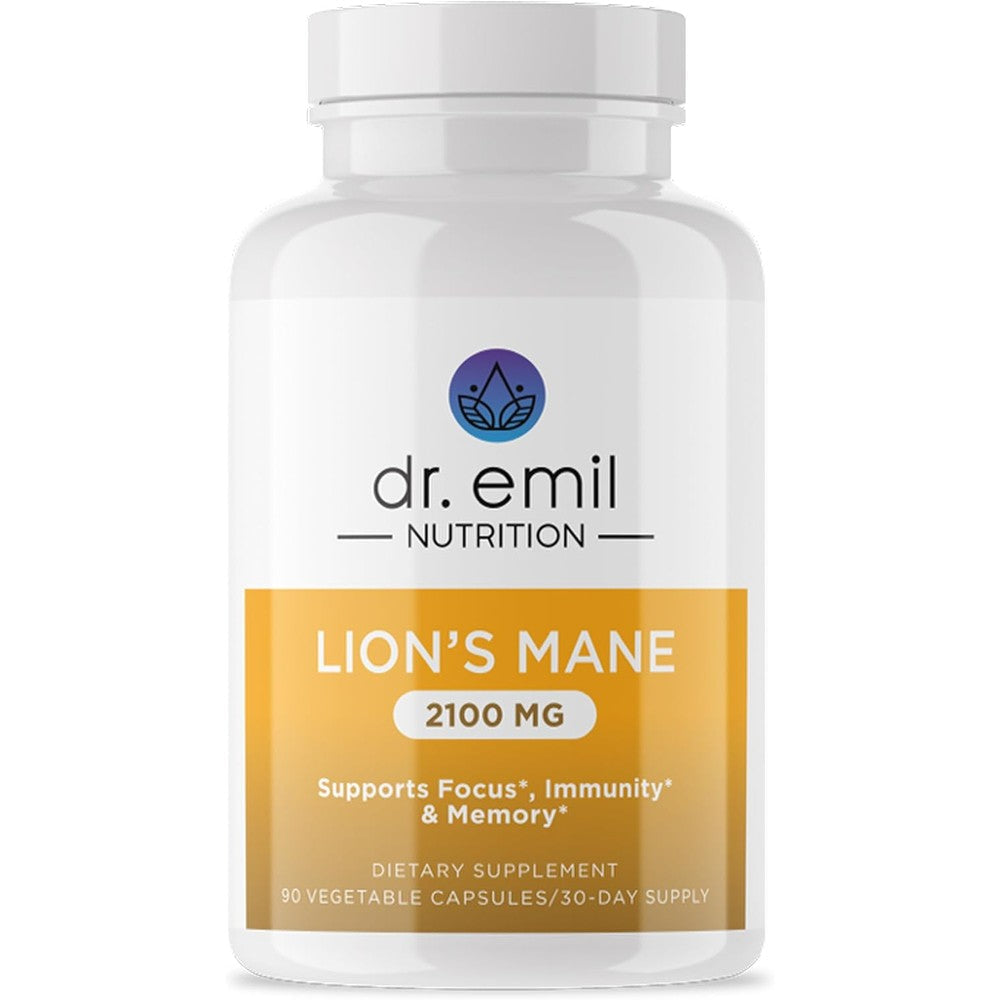 Dr Emil Nutrition Organic Lions Mane 90 vegetable capsules front view bottle for focus support.