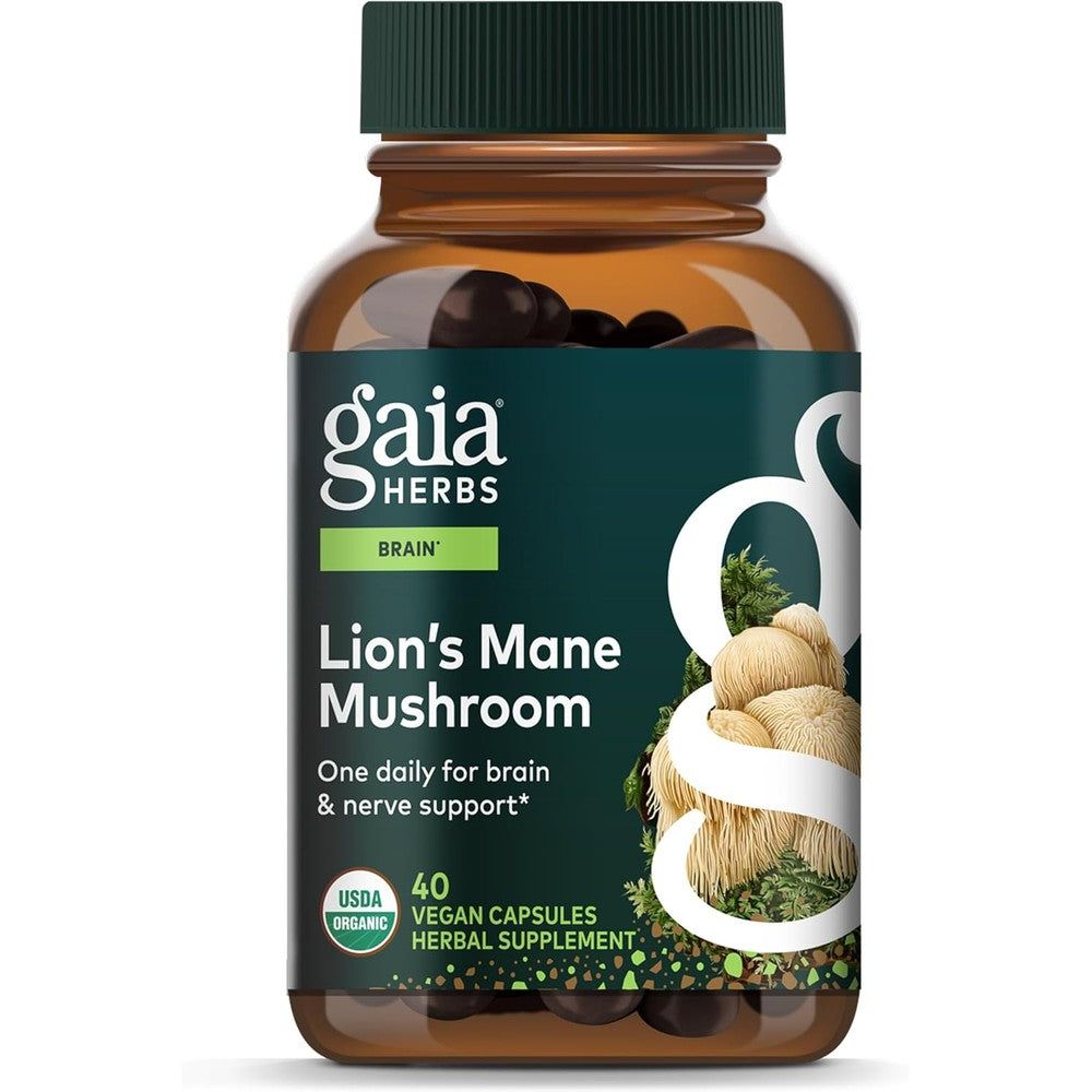 Gaia Herbs Organic Lion's Mane Mushroom 40 Vegan Capsules bottle front view for brain health