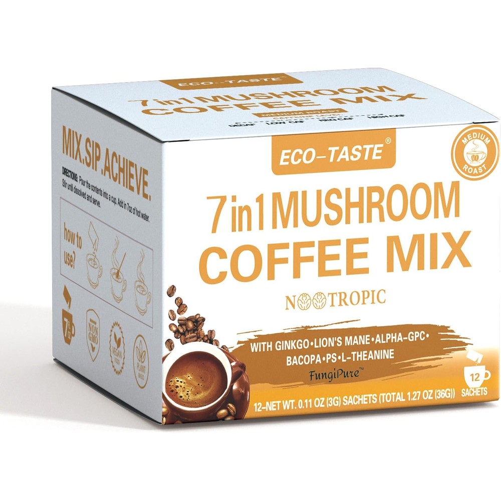 Eco-Taste 7 in 1 nootropic mushroom coffee packaging front view for cognitive health.