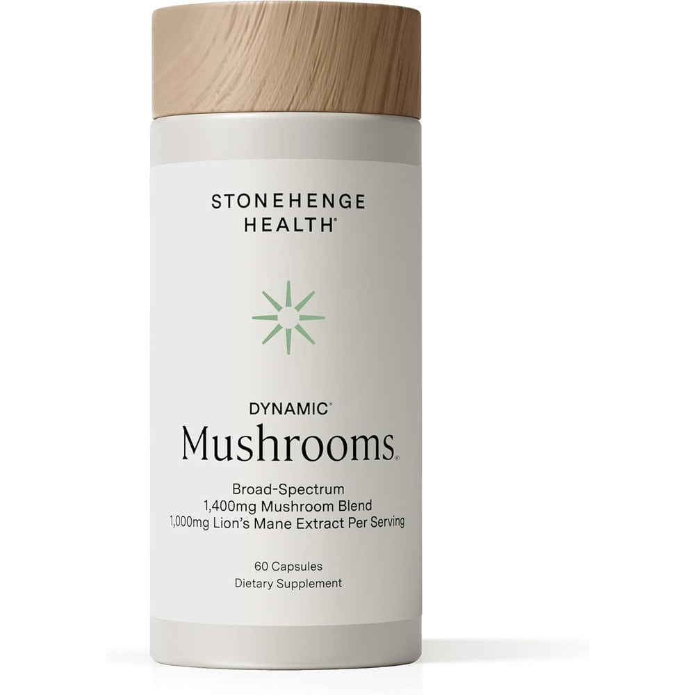 Stonehenge Health Dynamic Mushrooms bottle front view showing 1400mg nootropic capsule supplement.