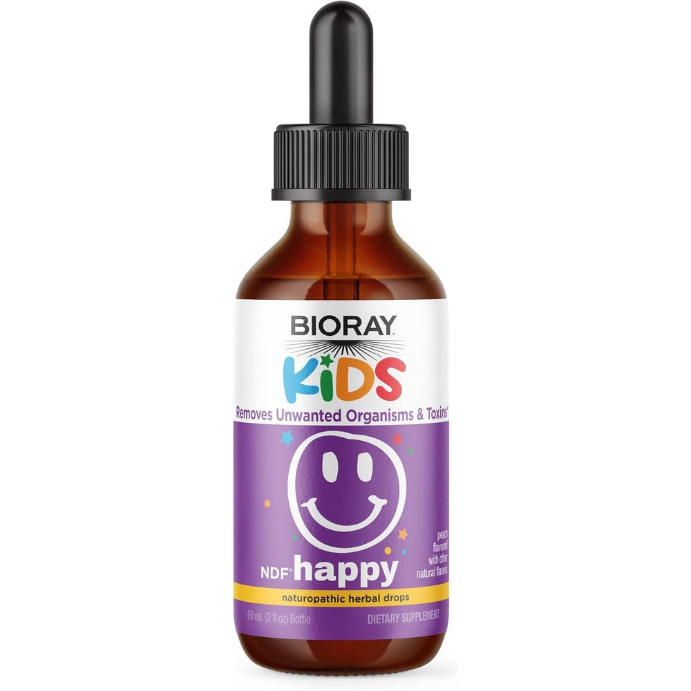 BIORAY Kids NDF Happy Peach Liquid Extract 60ml front bottle view for children emotional support