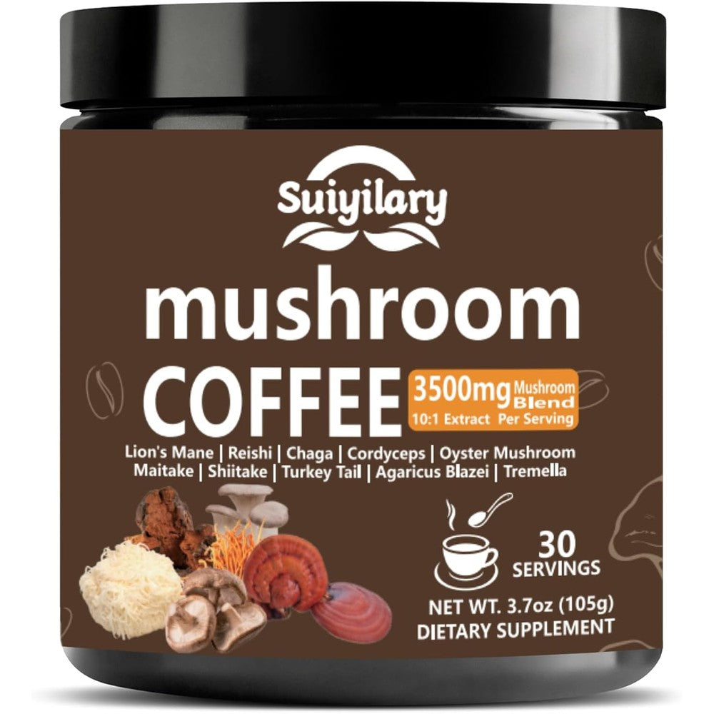 Suiyilary Instant 10 Mushroom Coffee front view jar for focus and immunity