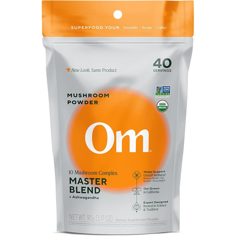 Om Mushroom Superfood Master Blend Organic Powder ninety grams front packaging showcasing the ten mushroom complex ingredients.