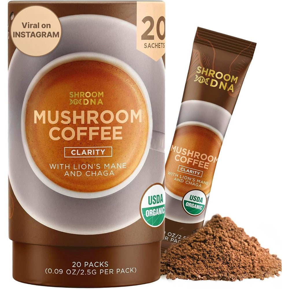 MATCHA DNA ShroomDNA Organic Instant Mushroom Coffee front packaging view displaying 20 sachets count