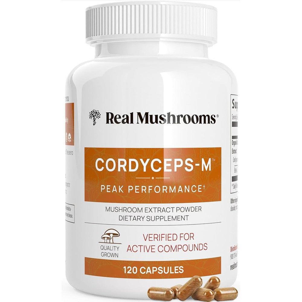 Real Mushrooms Cordyceps Militaris Extract 120 Capsules front view bottle for natural energy supplement