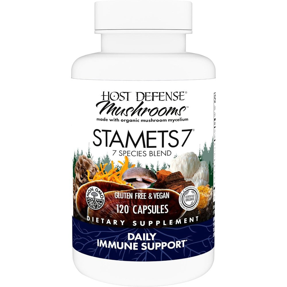 Host Defense Stamets 7 Daily Immune Support 120 Capsules front view bottle showing premium packaging