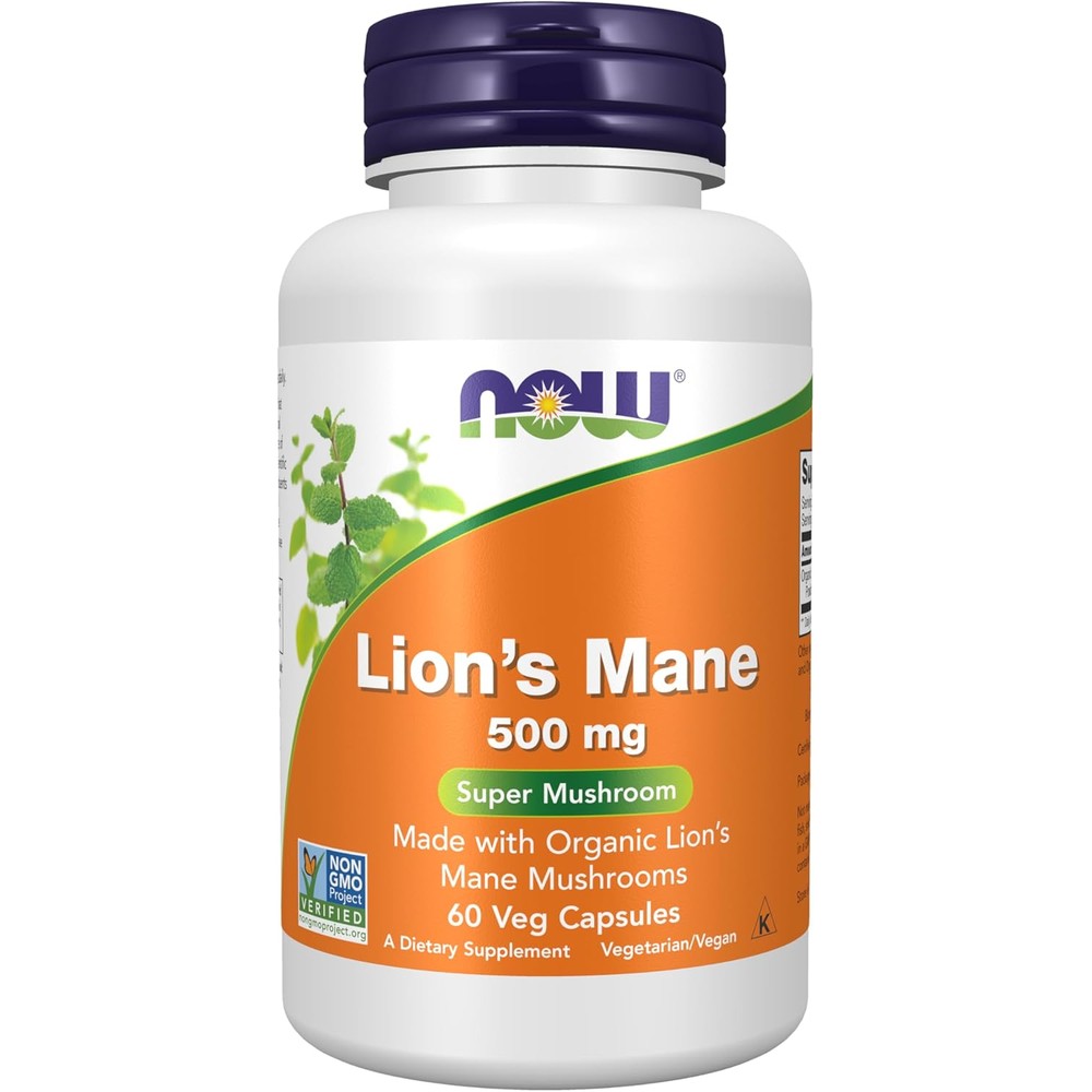 NOW Foods Organic Lion's Mane 500 Milligrams bottle front view for cognitive support