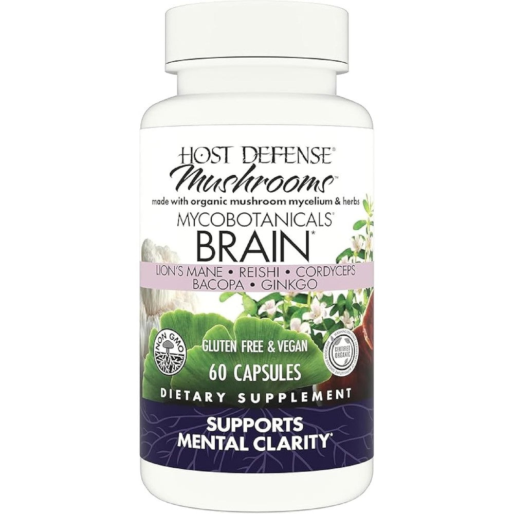 Host Defense MycoBotanicals Brain Support 60 Capsules front view bottle for cognitive health