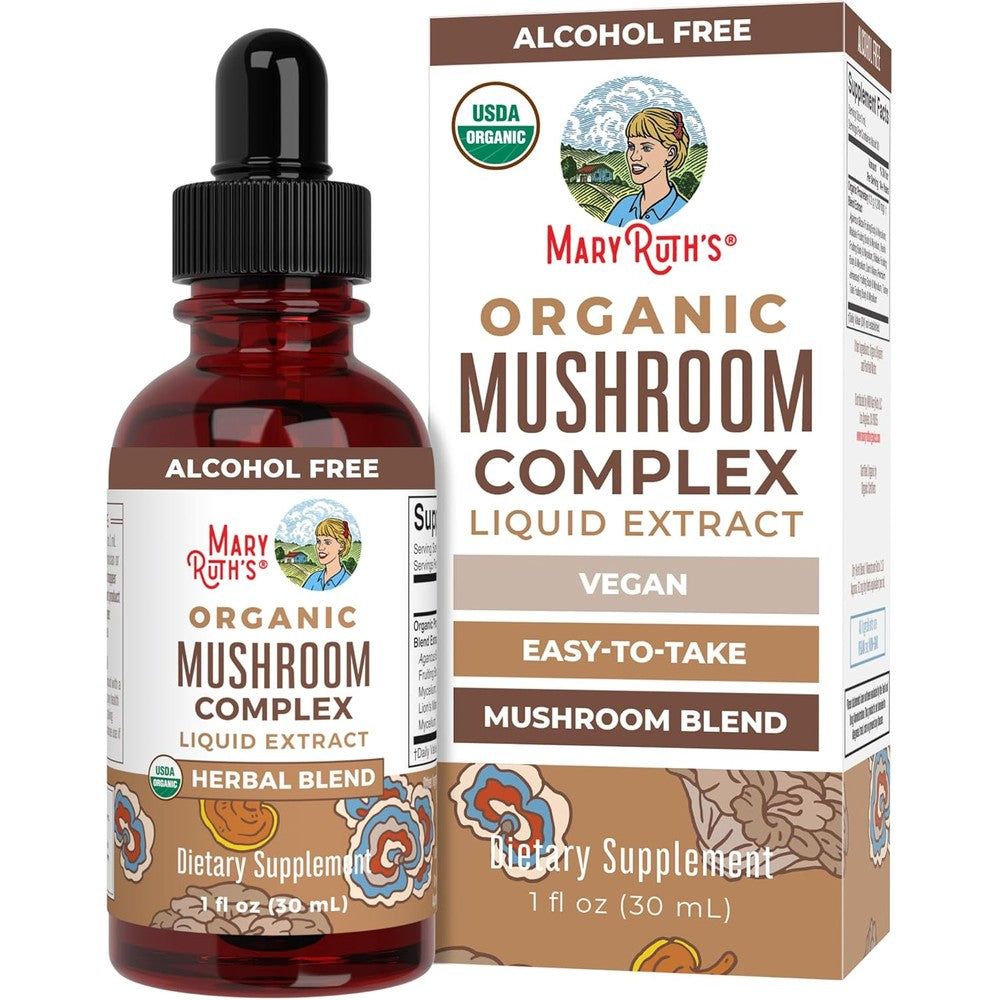 MaryRuth Organics Organic Mushroom Complex liquid drops front view for cognitive wellness.
