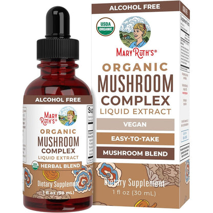 MaryRuth Organics Organic Mushroom Complex liquid drops front view for cognitive wellness.