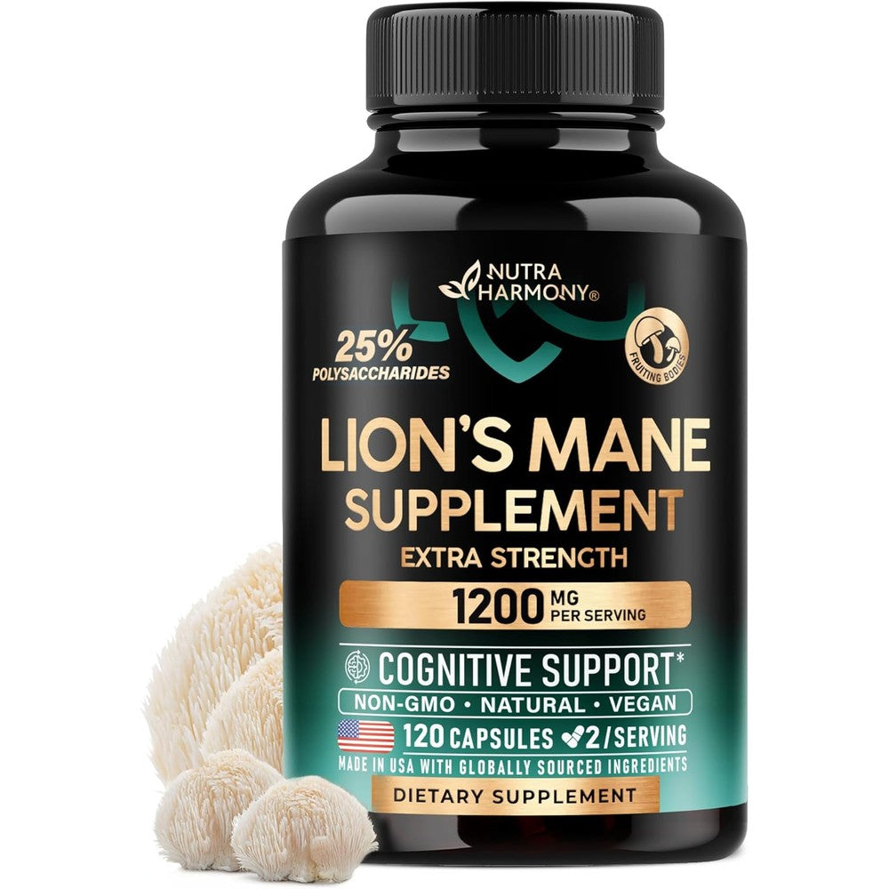 Nutraharmony Organic Lions Mane 1200mg bottle front view for premium cognitive support