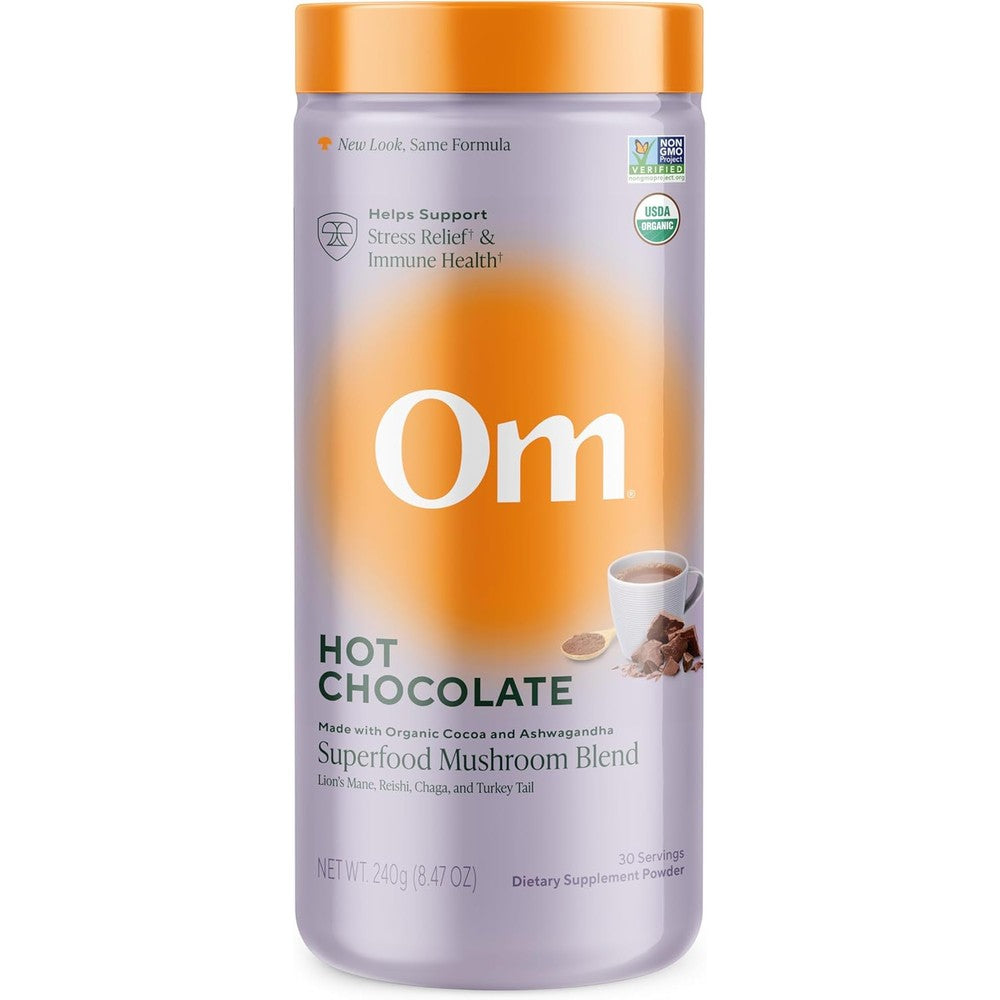 Om Mushroom Superfood Hot Chocolate Dutch Cocoa front view canister