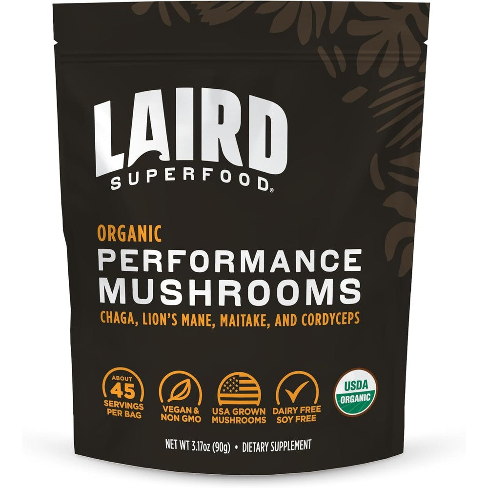 Laird Superfood Organic Performance Mushroom Blend front view showing product packaging.