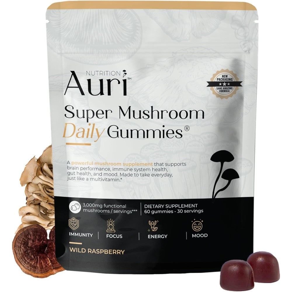 Auri Nutrition Super Mushroom Daily Gummies front view showing the sixty count bottle.