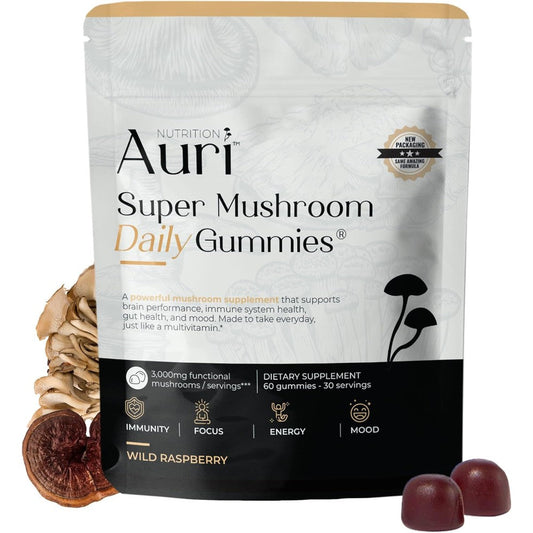 Auri Nutrition Super Mushroom Daily Gummies front view showing the sixty count bottle.